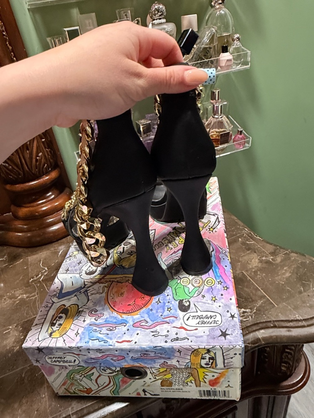 Jeffrey Campbell Black Heeled Sandals with Gold Chain Trim - Picture 3 of 7